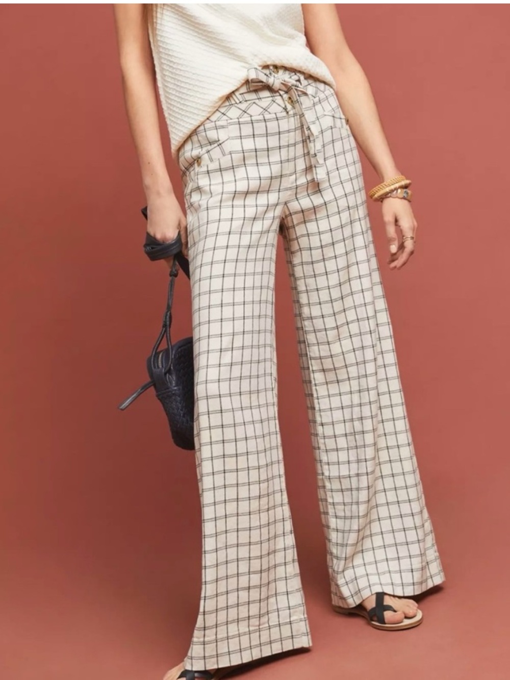 Anthropologie Windowpane Wide-Leg Pants Gray Black Linen Belted High Rise-6